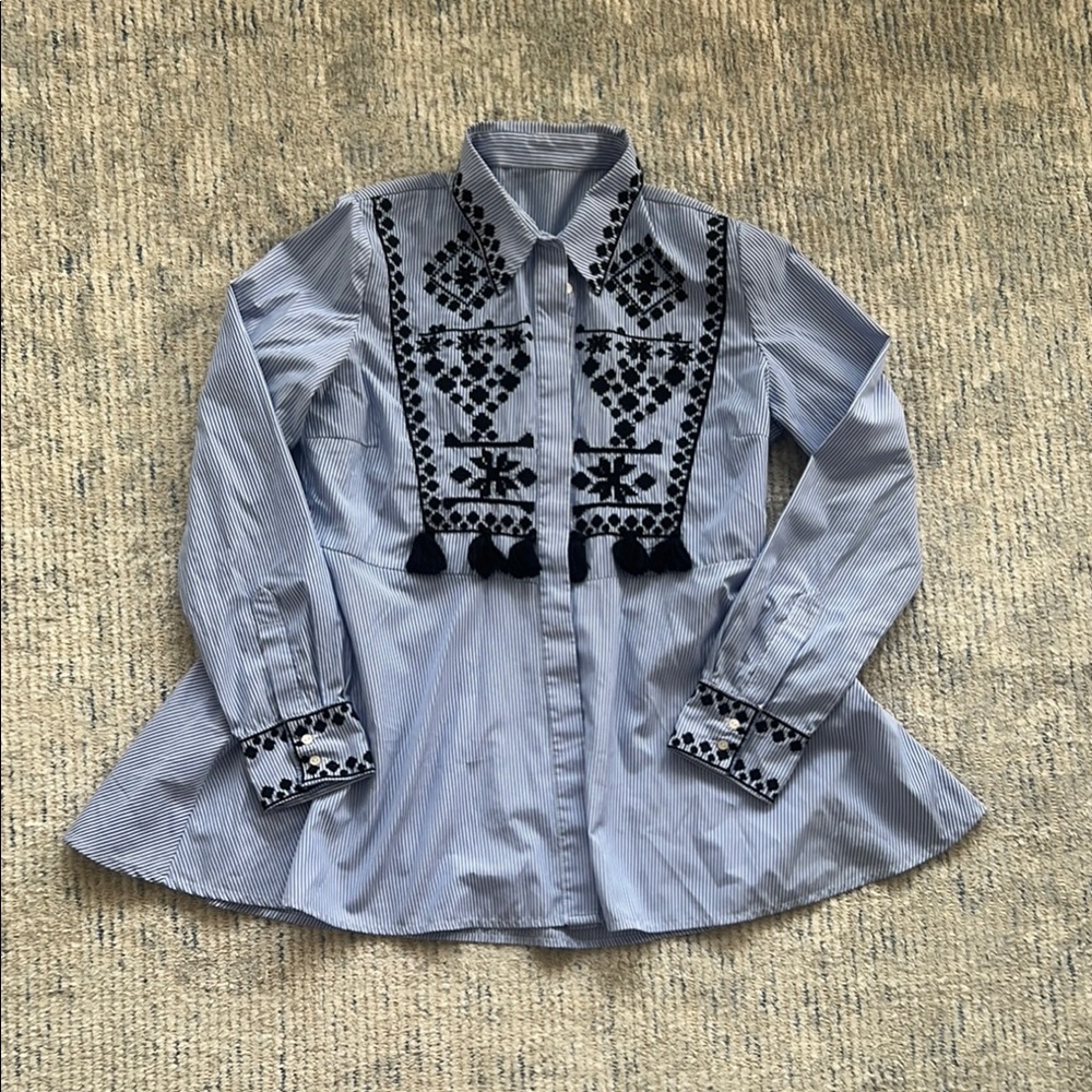Zara Blue and Black Embroidered Button Down Shirt
